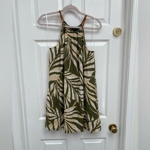 NWT Tahari Olive & Cream Tropical Print Halter Dress w Wooden Bead Neckline - M